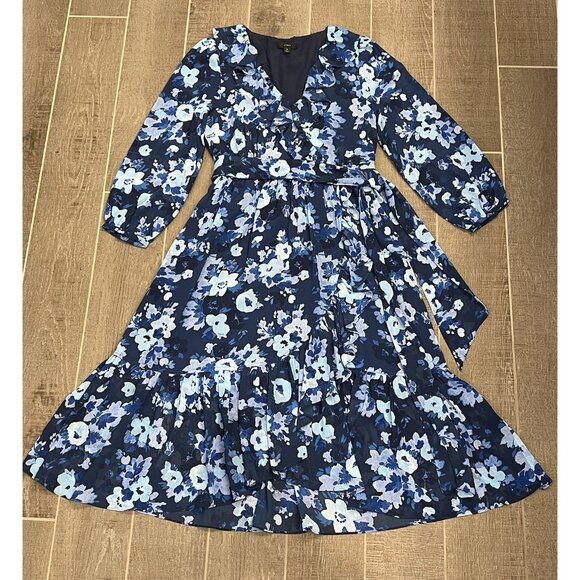 J.Crew Women's Wrap Dress Size 8 Watercolors Begonias Meadows Blue Floral - Picture 4 of 16